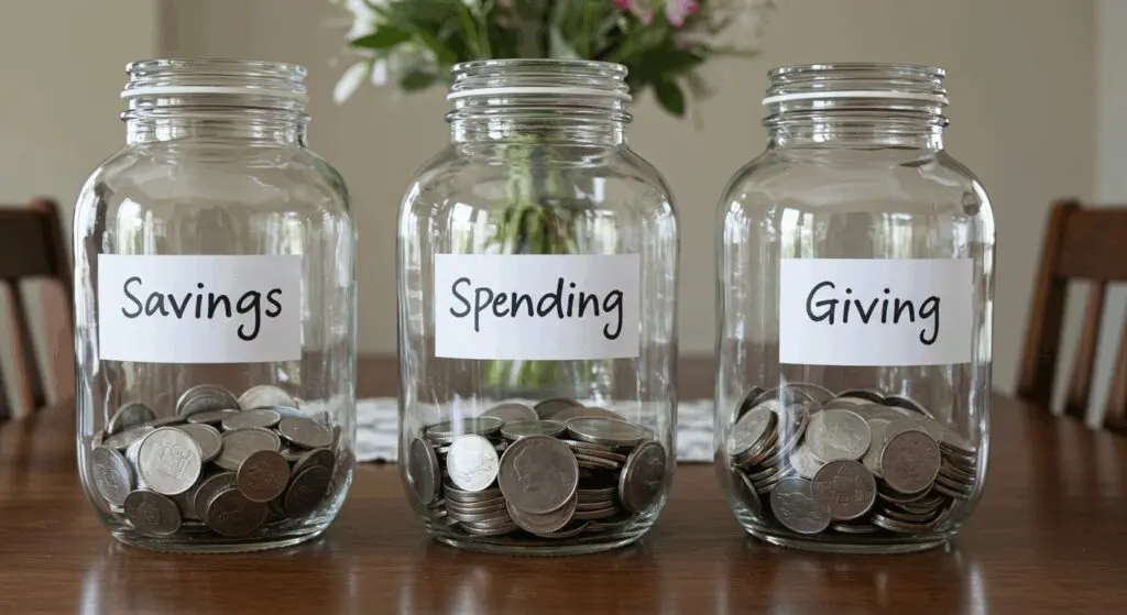 3 jars labeled spending, saving, and giving