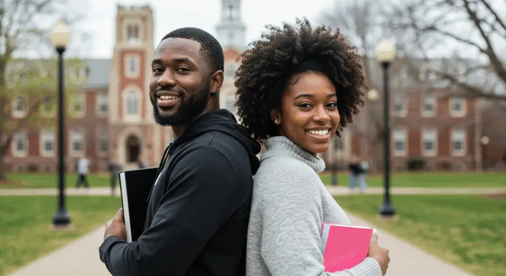 Two college students standing back to back