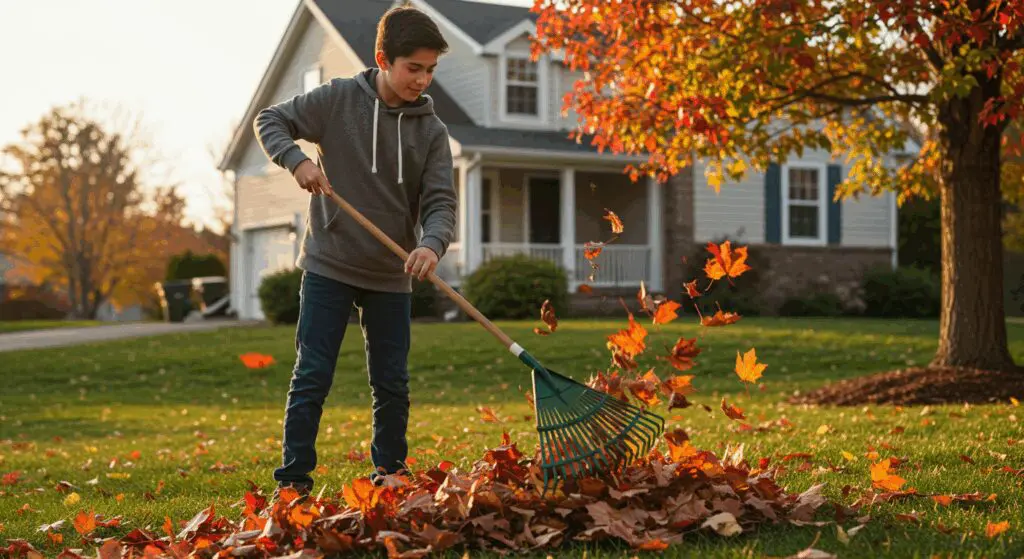 A boy raking leaves in the fall