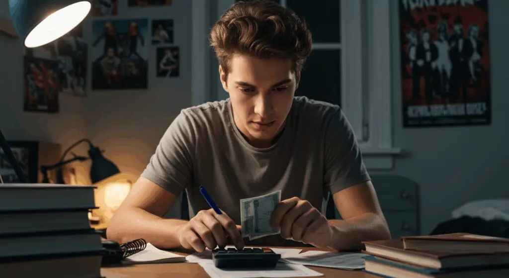 a boy calculating his gross pay vs. net pay