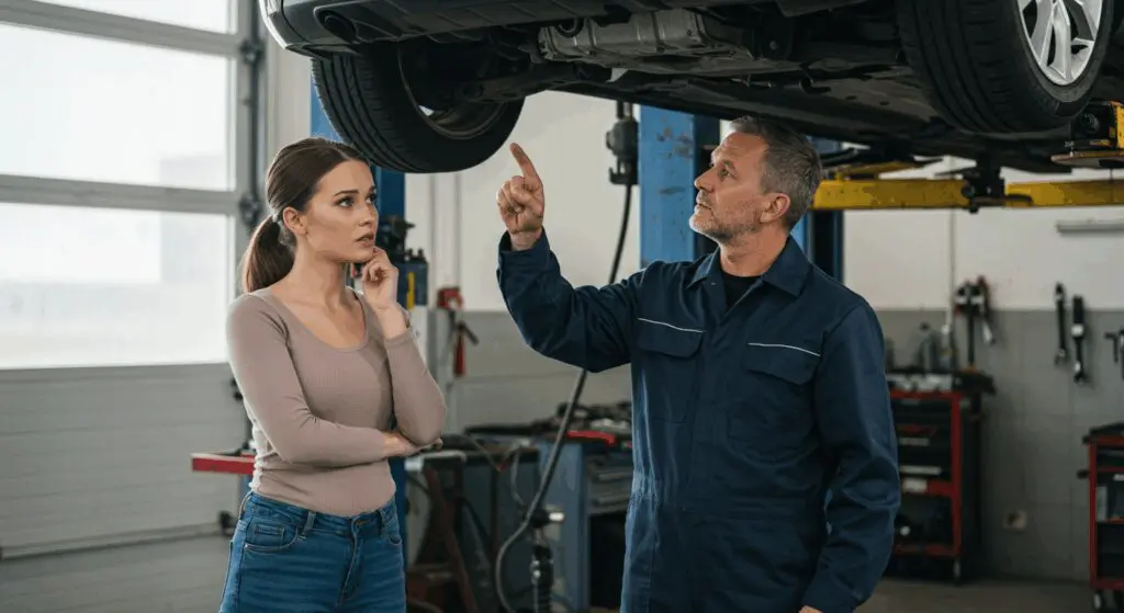 A girl talking with a mechanic about car repair