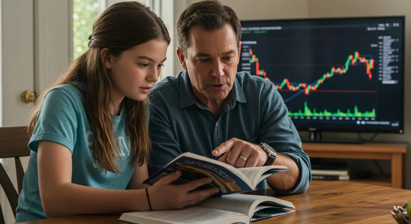 a father teaches his daughter about investing