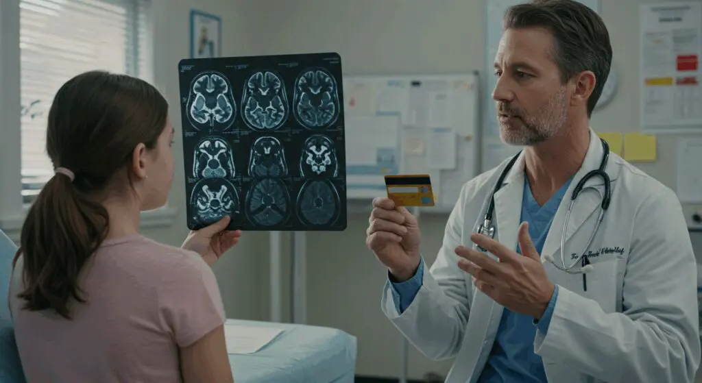 A doctor showing the effects of credit cards on brain