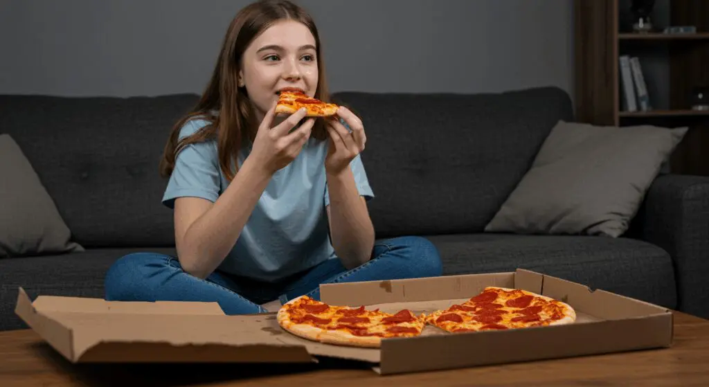 a girl eating pizza