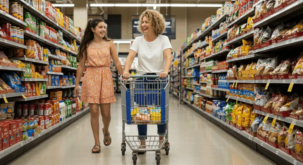 a girl grocery shopping with her mom