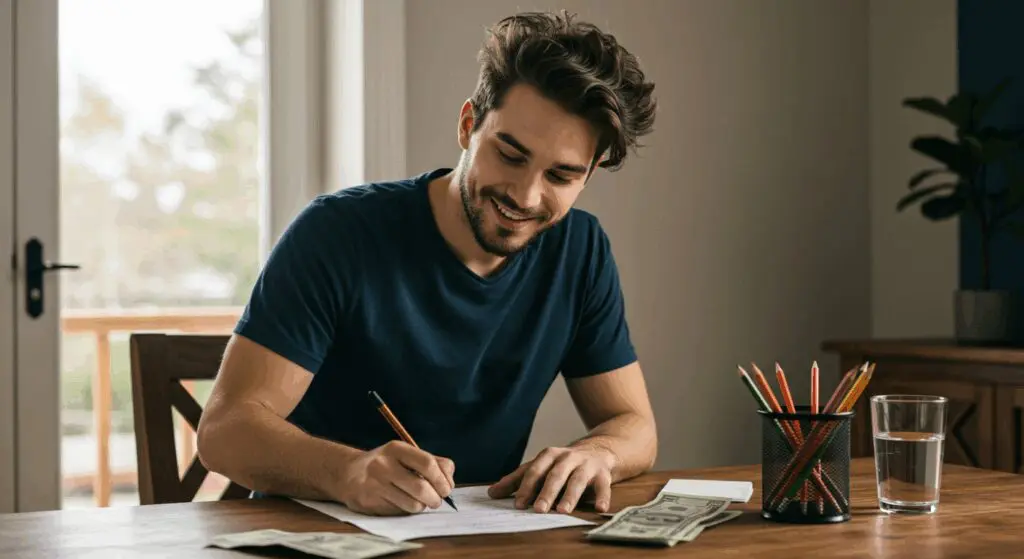A young man writing a budget