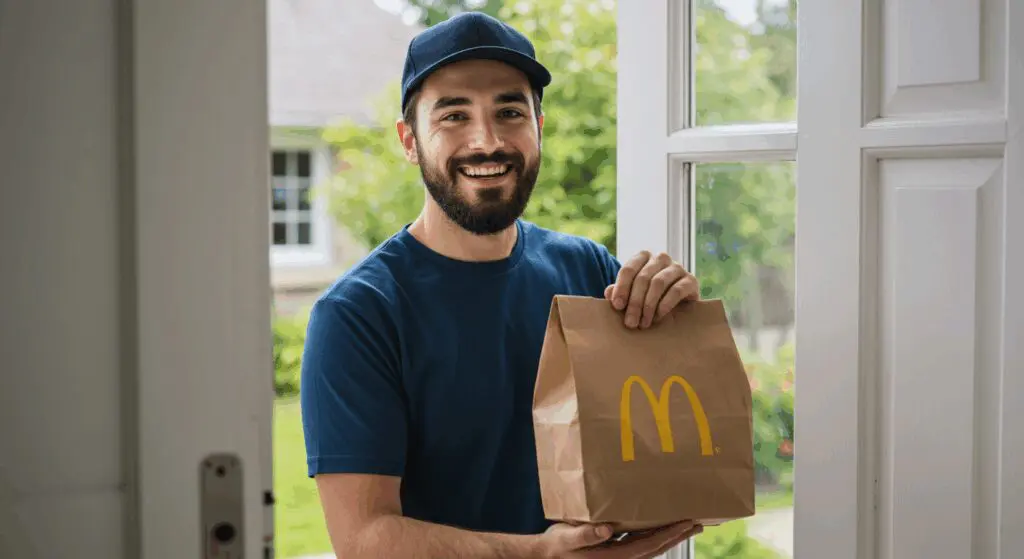 A delivery man delivering Mcdonalds