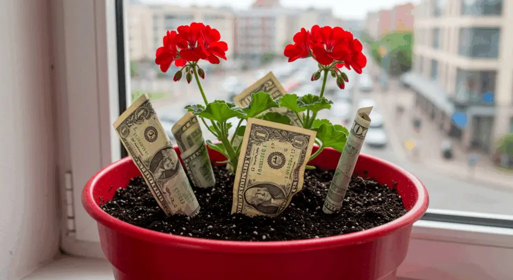 a flower pot with money growing