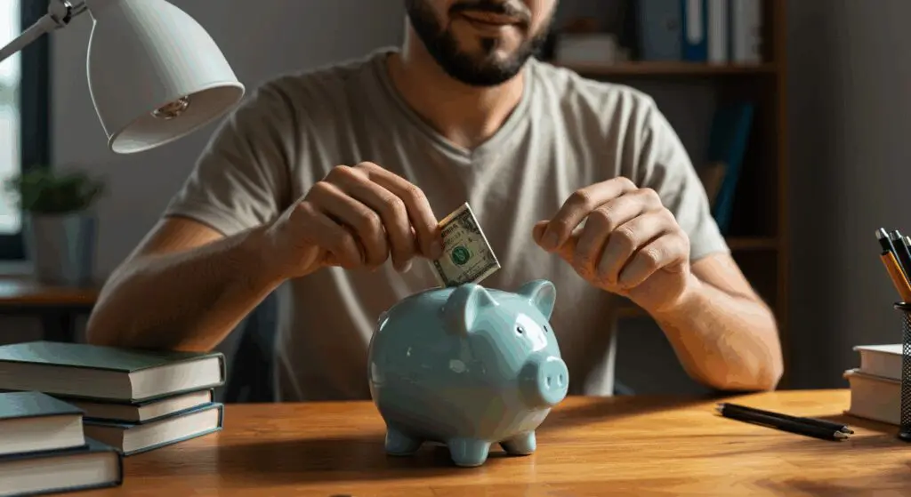 Young man saves money in a piggy bank