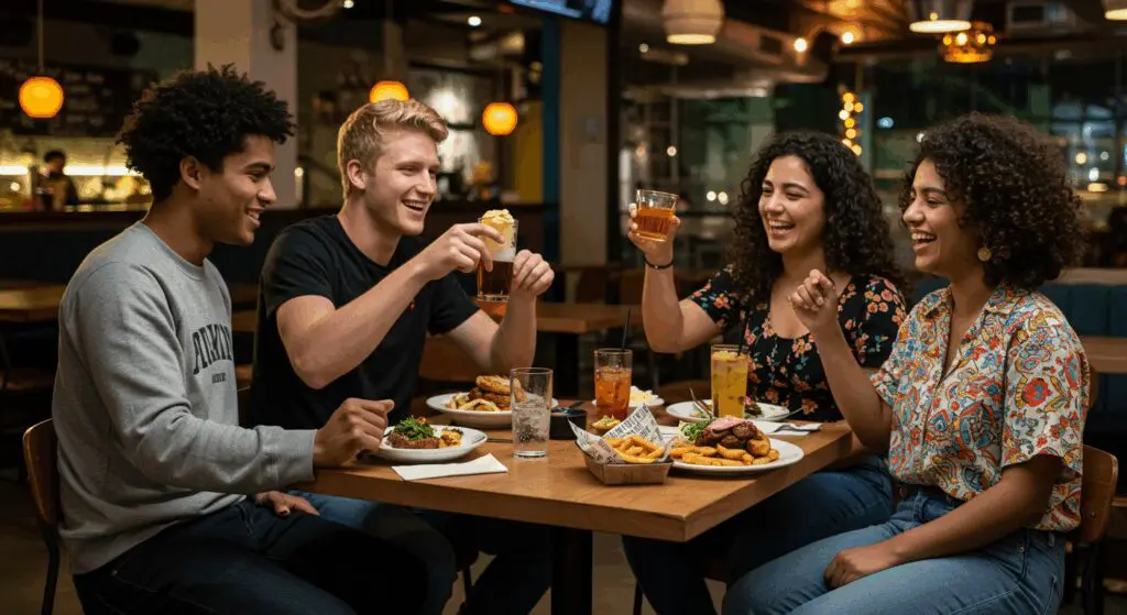Students celebrating at a nice restaurant