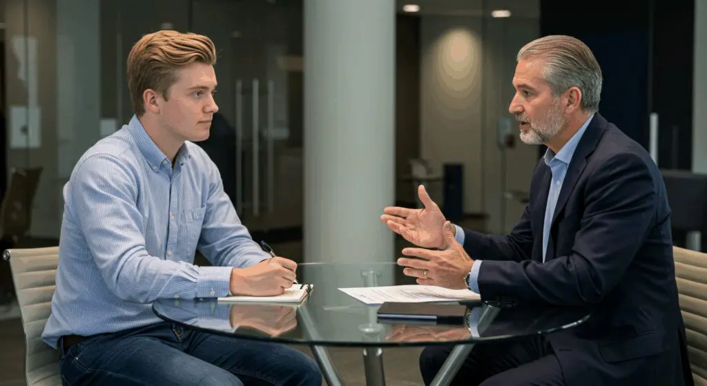 A young man talking to an investment broker