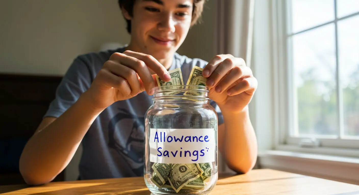 A teen saving his allowance in a jar