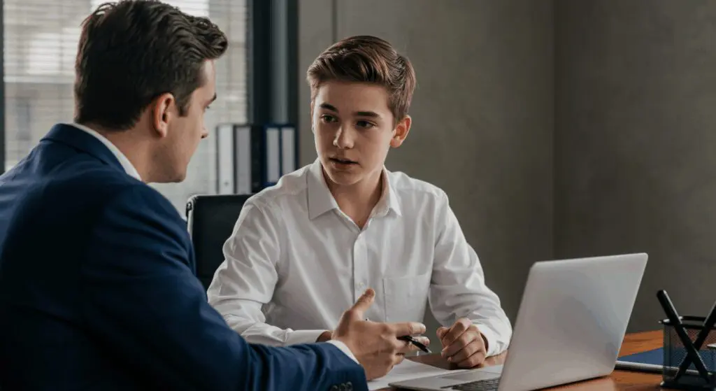 teen talking to boss about gross pay vs. net pay
