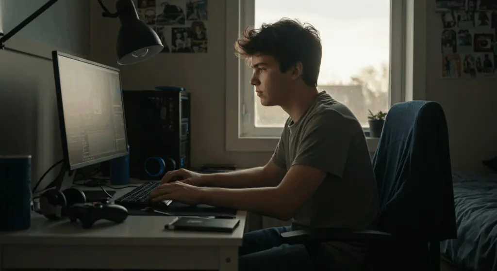 a teen working on his pc