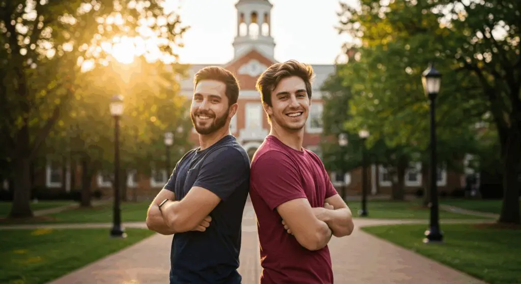 Two college boys standing back to back
