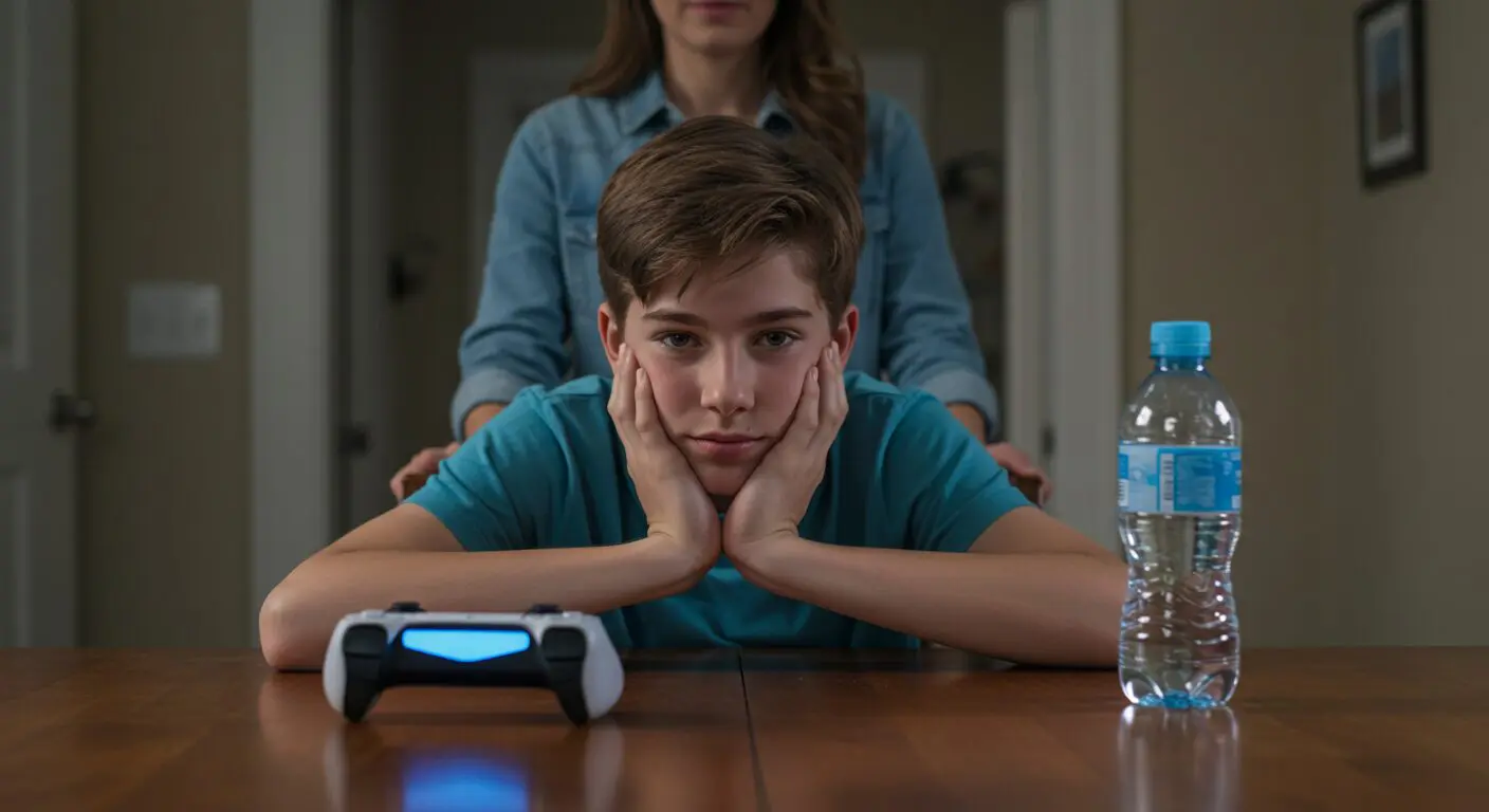a boy looking at a playstation controller and water
