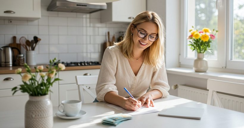 A young woman writing a budget