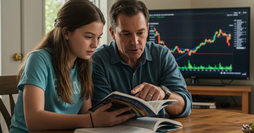 a father teaches his daughter about investing
