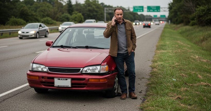 A man with a flat tire calling for help